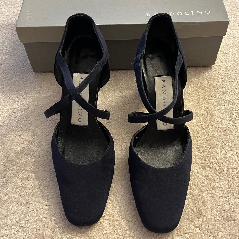 Bandolino Navy Silk 3" Block Heel X Strap Dress Shoes